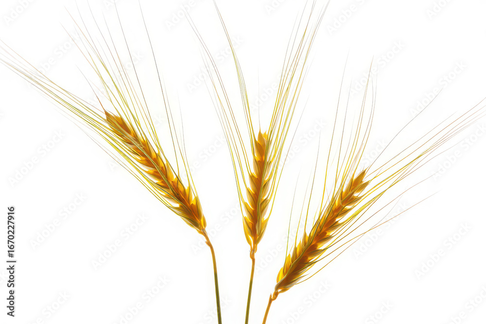 Fototapeta premium Three golden wheat stalks with detailed grains on a white background