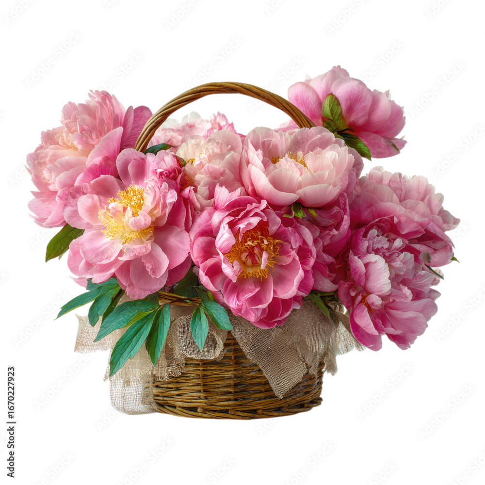 Obraz premium Beautiful Elegant Peony Flower Arrangement in Basket in Transparent Background