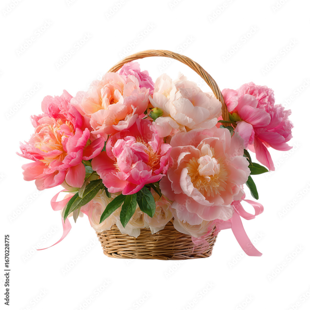 Obraz premium Beautiful Elegant Peony Flower Arrangement in Basket in Transparent Background