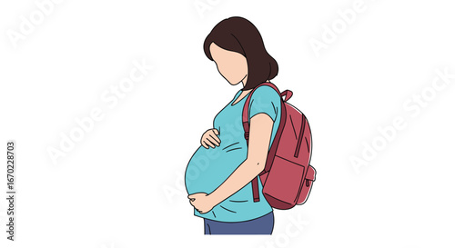 Pregnant person carrying a backpack for traveling or going to school with a baby on the way