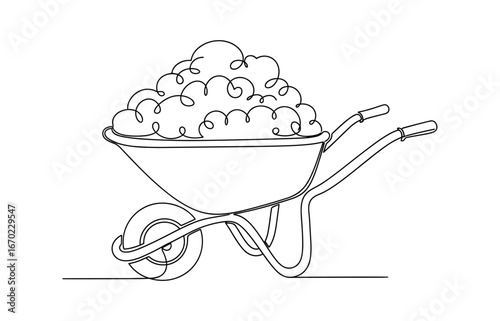 Continuous Line Art Wheelbarrow Filled with Organic Material Minimalist Style Vector Illustration
