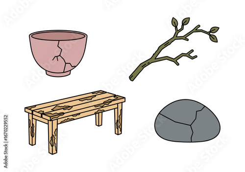 Cracked Bowl, Wooden Bench, Tree Branch, and Stone with Crack, Earthy Tones, Simple Flat Design, Isolated Elements Vector Illustration