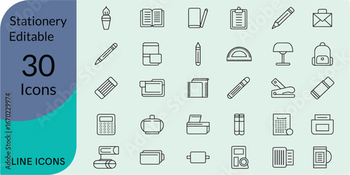 Stationery Editable Icons set. Vector illustration in modern thin line style of school supplies related icons: pencil, pen, ruler, and more. Isolated on transparent background.