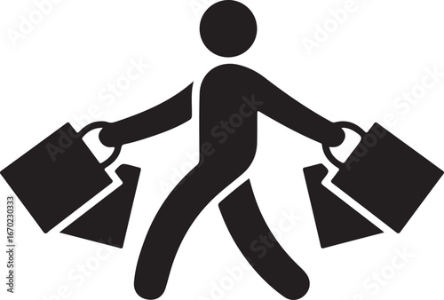 Stick figure with shopping bags. Symbol of running man with shopping bags. Vector illustration