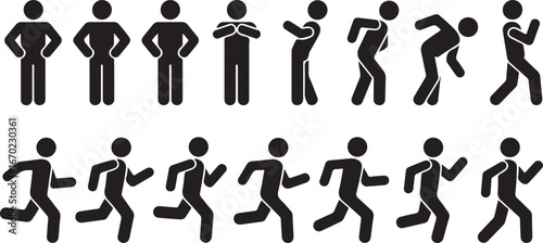 Stick figure, set of icons people, basic movement, man poses, pictogram human silhouettes 
