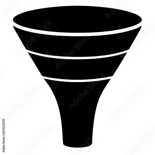 Black and white funnel icon with three distinct sections representing stages