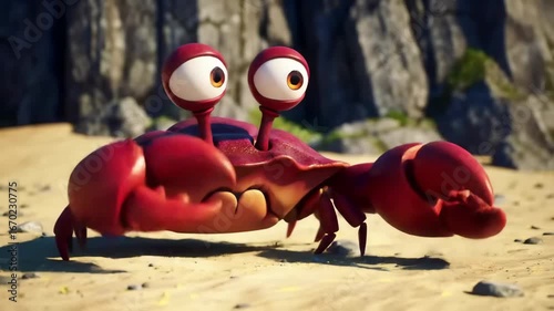 Cartoon Crab on Beach, Animated Character