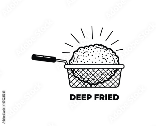 Deep Fried Food in Basket Vector Illustration, Crisp Texture with Dots, Fast Food Concept in Black and White, Outline Style Design.