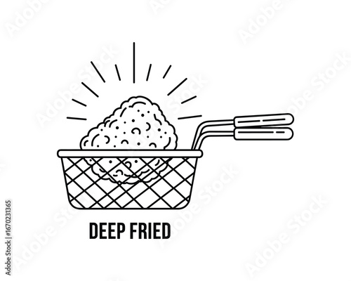 Deep Fried Food in Basket, Black and White Line Art Style, Cooking Illustration, Restaurant Menu Design Vector Illustration