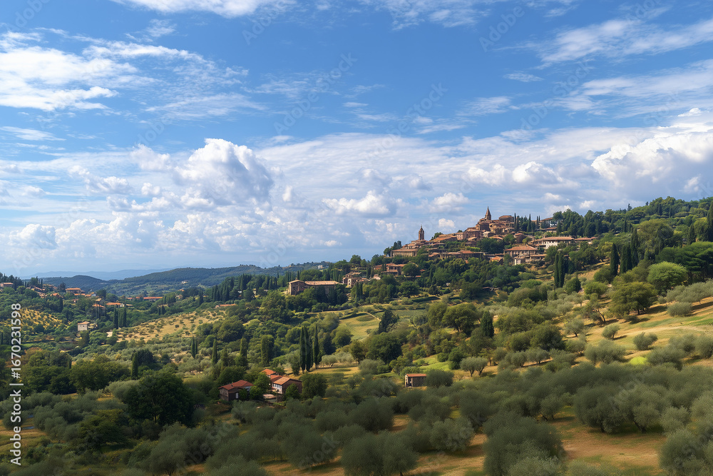 Fototapeta premium Panoramic view of rolling hills with olive groves and a picturesque hillside village under a bright blue sky with scattered clouds