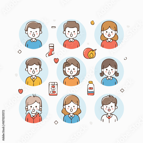 Outline vector icon set of human sickness expressions: headache, toothache, stomachache, and fever. Clean minimal stroke design for medical projects.
