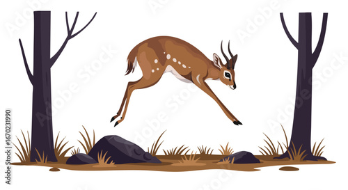 A small deer with white spots leaps gracefully between two trees in a forest clearing.