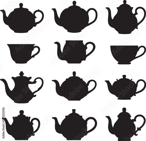 Tea and coffee pots vector silhouette set 