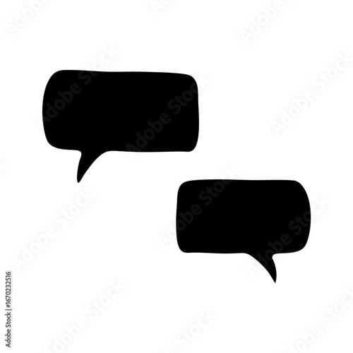 Two black cartoonish speech bubbles interacting and suggesting a conversation or dialog