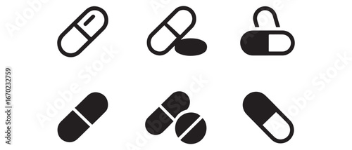 Capsules line icon Set. Medicines, drugs or pills. Health care vector design concept, outline style pictogram use for and app. Vector black silhouette. with white background