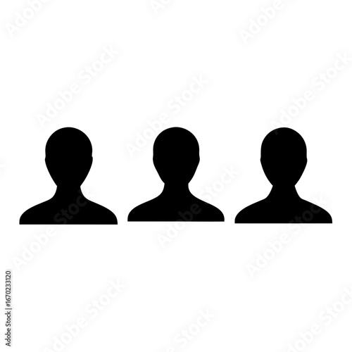 Three Anonymous Black Silhouettes Representing Individuals or User Profiles, isolated on white
