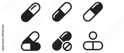 Capsules line icon Set. Medicines, drugs or pills. Health care vector design concept, outline style pictogram use for and app. Vector black silhouette. with white background