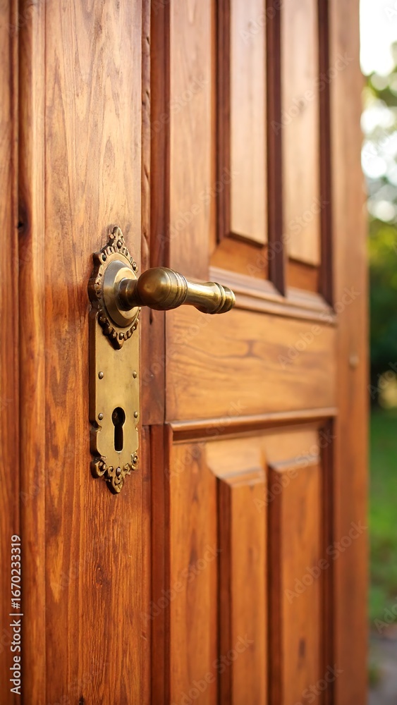 Obraz premium Wooden door with ornate handle