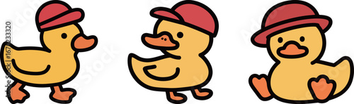 Cute vector illustrations of three yellow rubber ducks wearing red hats, symbolizing childhood, fun, and toys.