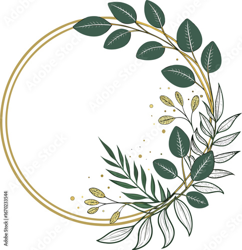 Luxury Gold Botanical Wedding Frame Set – Circle Shapes, Glitter Leaves & Elegant Eucalyptus Elements for Invitations & Cards