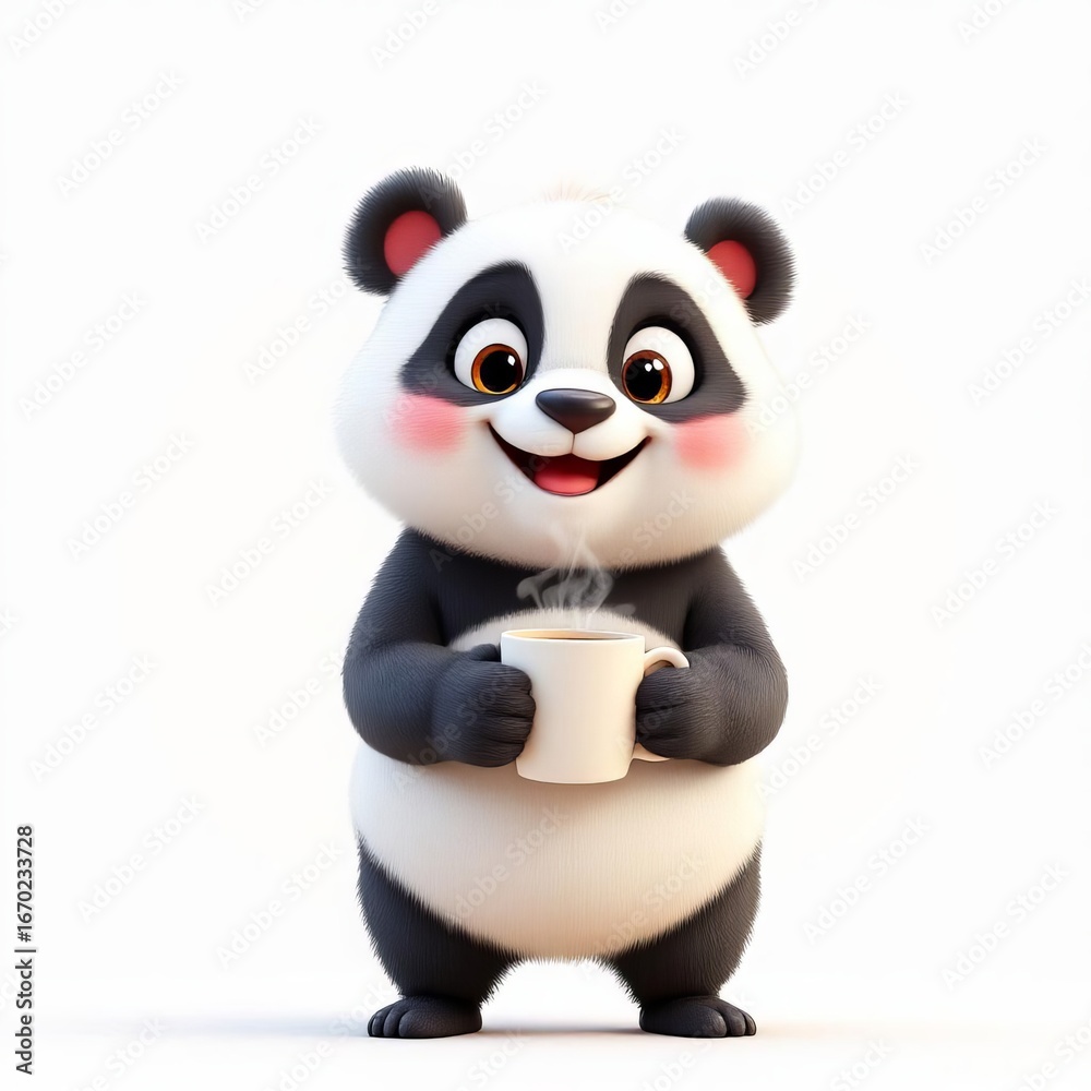 Fototapeta premium Cute panda holding a cup of hot coffee isolated on white background