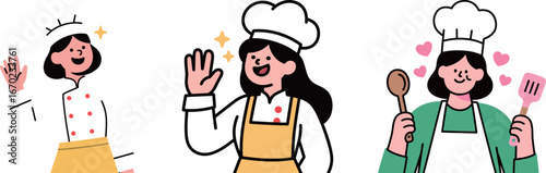 Playful vector illustrations of three happy female chefs in uniform, representing cooking, food, and people in the workplace.