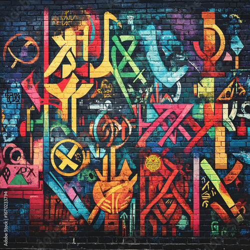 Colorful graffiti art on brick wall
