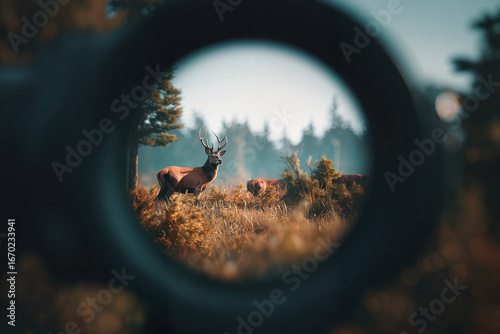 Stag with antlers standing in meadow viewed through scope
