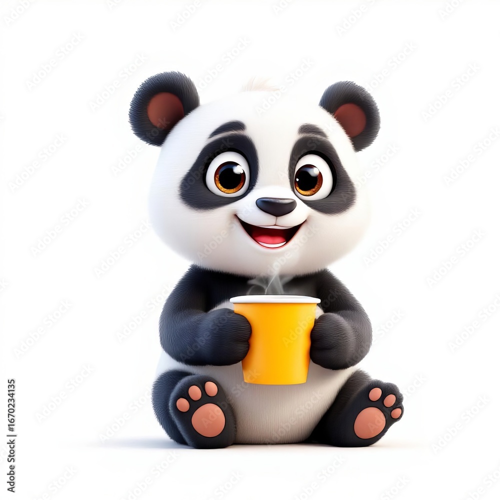 Naklejka premium Adorable panda sitting and holding a cup of coffee isolated on white background