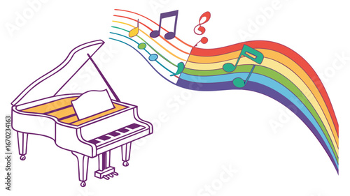 Lively Grand Piano with Vibrant Rainbow Music Staff and Floating Notes