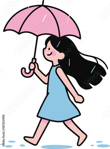 Vector illustration of a little girl happily walking with a pink umbrella, a representation of childhood, rain, and simple joy.