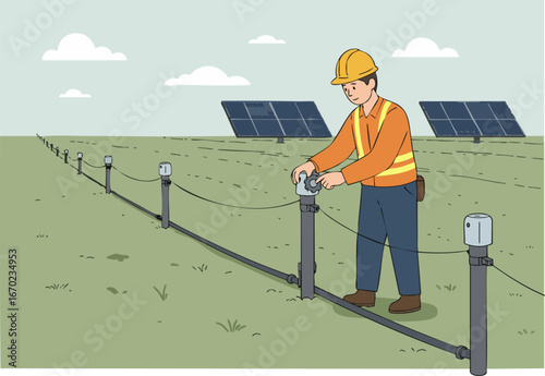 A construction worker inspects solar panel wiring outdoors. Clear, bright image showcasing renewable energy infrastructure. Professional, clean composition.