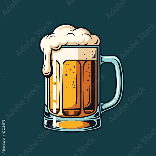 Illustrative Vector Art of a Golden Foamy Beer Mug, a Refreshing Drink Perfect for Cheers, Celebrations, and Enjoyable Moments of Relaxation and Social Gatherings