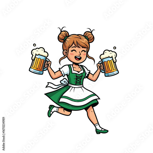 Joyful cartoon illustration of a girl in traditional attire holding two beer mugs, perfect for Oktoberfest!