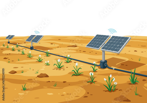 An eco-friendly irrigation system utilizes solar panels to power a water delivery line, revitalizing a desert landscape with blooming flowers. A clean, modern illustration.