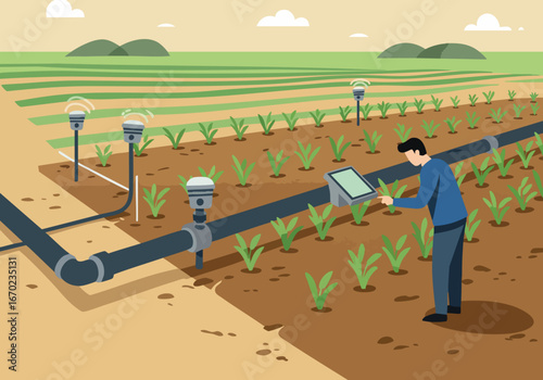 A farmer monitors check irrigation with a tablet in a modern agricultural field. Precise technology optimizes crop watering.  Clear, bright, and professional.