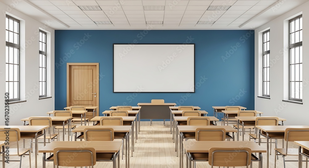 Naklejka premium Empty Classroom with Blue Walls and Blank Projection Screen