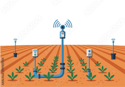 Modern agricultural irrigation system with wireless sensors monitoring a field. Clean, bright illustration showcasing efficient farming technology. Ideal for sustainability and tech themes.