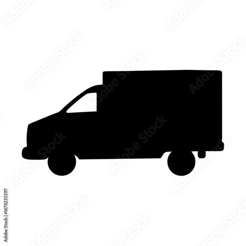 Simple black silhouette illustration of a commercial delivery box van for transportation