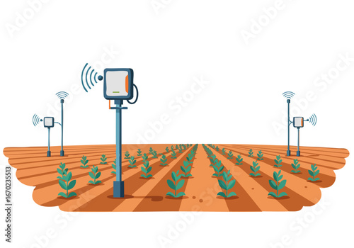 Modern illustration depicts field with smart sensors and wireless connectivity showcasing sustainable agriculture and IoT technology Clean vibrant design for business and environmental themes
