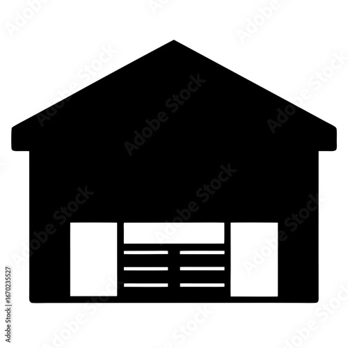 Simple black silhouette of a barn or storage building with door