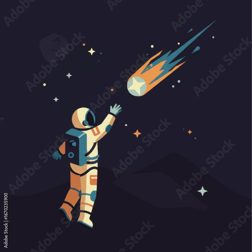 Astronaut reaching for a star on a comet in space illustration