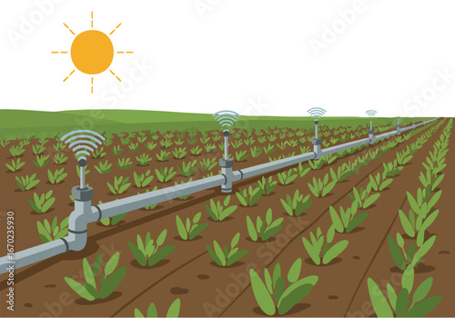 Solar crop flow irrigation system efficiently waters a field under the sun. Modern agricultural technology promotes sustainable farming. Clear, bright, and visually appealing.