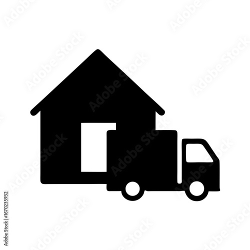 Illustration of a moving truck and house, representing relocation and home services