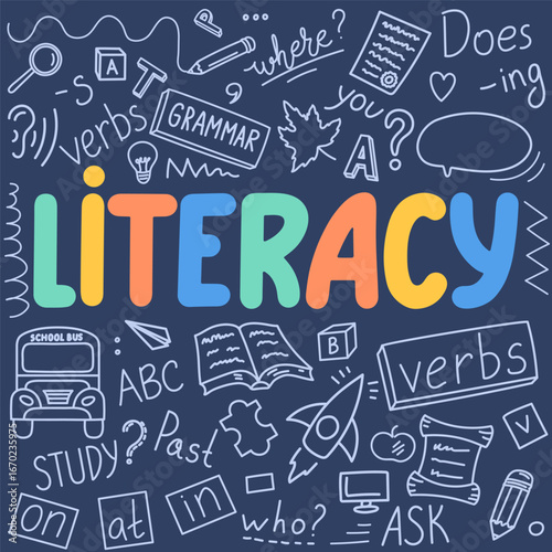 Literacy. Language doodle with lettering.