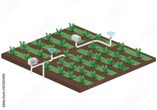 A stylized illustration depicts a smart field with automated irrigation. Wireless sensors monitor crops, showcasing efficient agriculture. Modern, clean design.