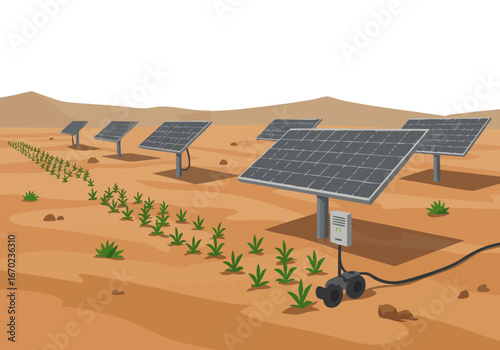 Sustainable dry farm showcases solar panels powering an irrigation system for drought-resistant crops in a desert landscape. A modern, eco-friendly solution for arid regions.