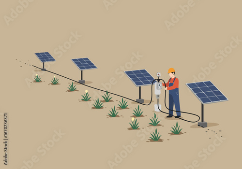 A technician tests solar panel sensors outdoors. A worker in a safety vest inspects a solar array with cables. Clear, bright, and professional.