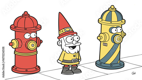 Cheerful garden gnome interacting with two expressive cartoon fire hydrants on a street.