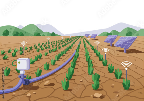 A vibrant solar irrigation system irrigates crops under the sun. Solar panels power the system, showcasing sustainable agriculture. Clean, modern, and visually appealing.